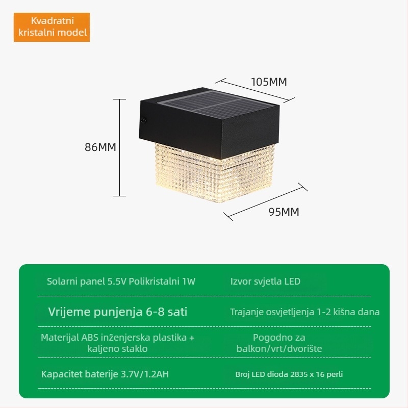 Vanjska solarna LED zidna svjetiljka, IP55, vodootporna, za hodnike, balkone i zidove vile
