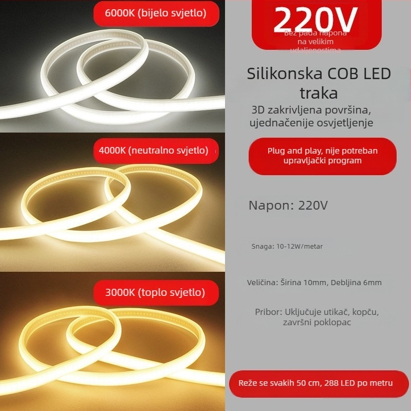 Vanjska COB LED traka, fleksibilna, 220V, vodootporna, linearni dizajn, 12W