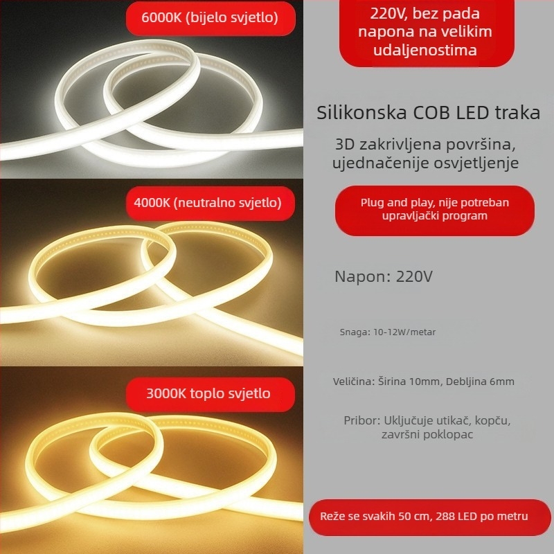 Vanjska COB LED traka, fleksibilna, 220V, vodootporna, linearni dizajn, 12W
