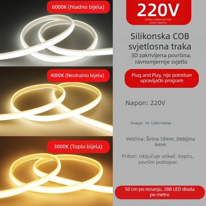 Vanjska COB LED traka, fleksibilna, 220V, vodootporna, linearni dizajn, 12W