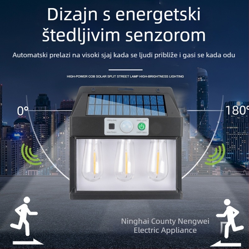 Solarna vanjska zidna svjetiljka s detektorom dnevno/noć i automatskim uključivanjem u sumrak