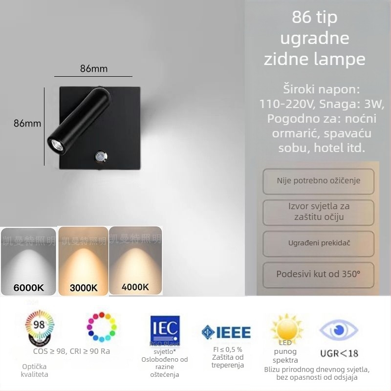 LED zidna lampa za spavaću sobu, tip 86, kvadratna utičnica i prekidač, ugrađena svjetiljka za čitanje