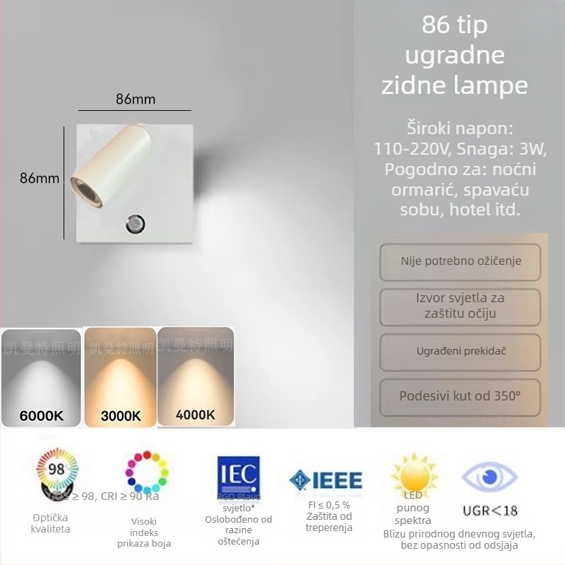 LED zidna lampa za spavaću sobu, tip 86, kvadratna utičnica i prekidač, ugrađena svjetiljka za čitanje