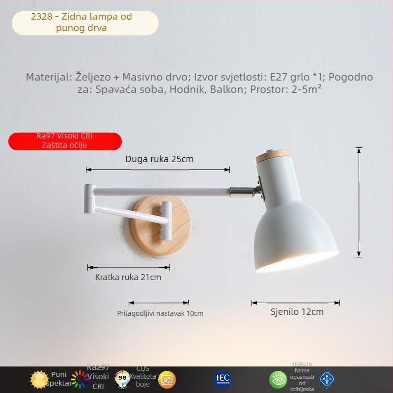 Zidna lampa nordijskog stila s podesivim dugim ramenom, izvučnim stubom i sklopnim svjetlom za čitanje, za japanski stil dnevnog boravka