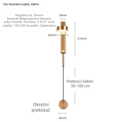 Nordijska moderna minimalistička zidna svjetiljka u obliku T sa prekidačem i regulatorom svjetla, kreativna retro noćna svjetiljka za spavaću sobu