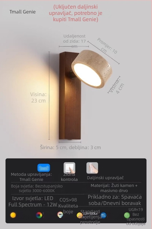 Okretna zidna lampa za čitanje u spavaćoj sobi, žuto travertin i orahovo drvo, vintage stil, LED, japanski stil
