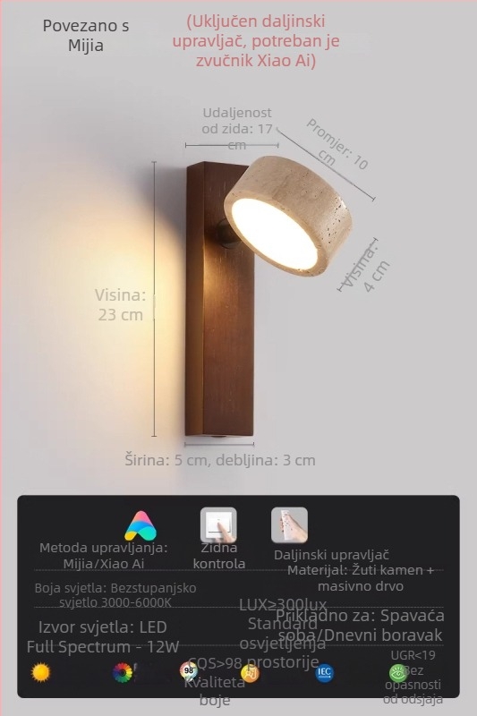 Okretna zidna lampa za čitanje u spavaćoj sobi, žuto travertin i orahovo drvo, vintage stil, LED, japanski stil