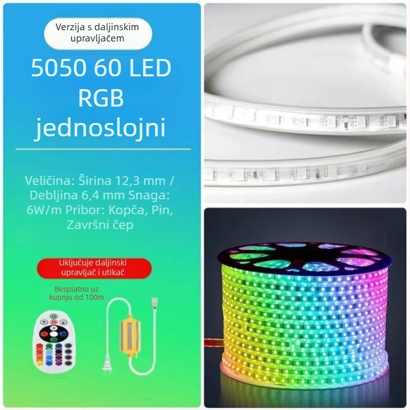 220V RGB LED traka 5050 za vanjsku upotrebu, vodootporna IP67, daljinsko upravljanje, promjena boje, reklamno osvjetljenje projekata