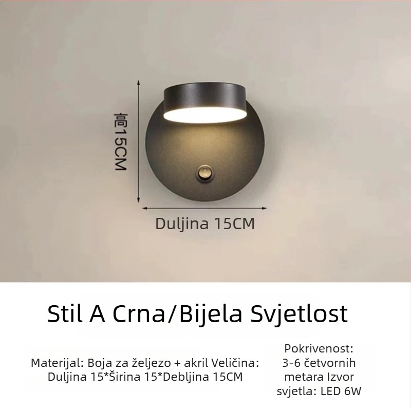 Rotirajuća zidna svjetiljka u skandinavskom stilu sa prekidačem, LED rasvjeta za spavaću sobu, hodnik i radnu sobu