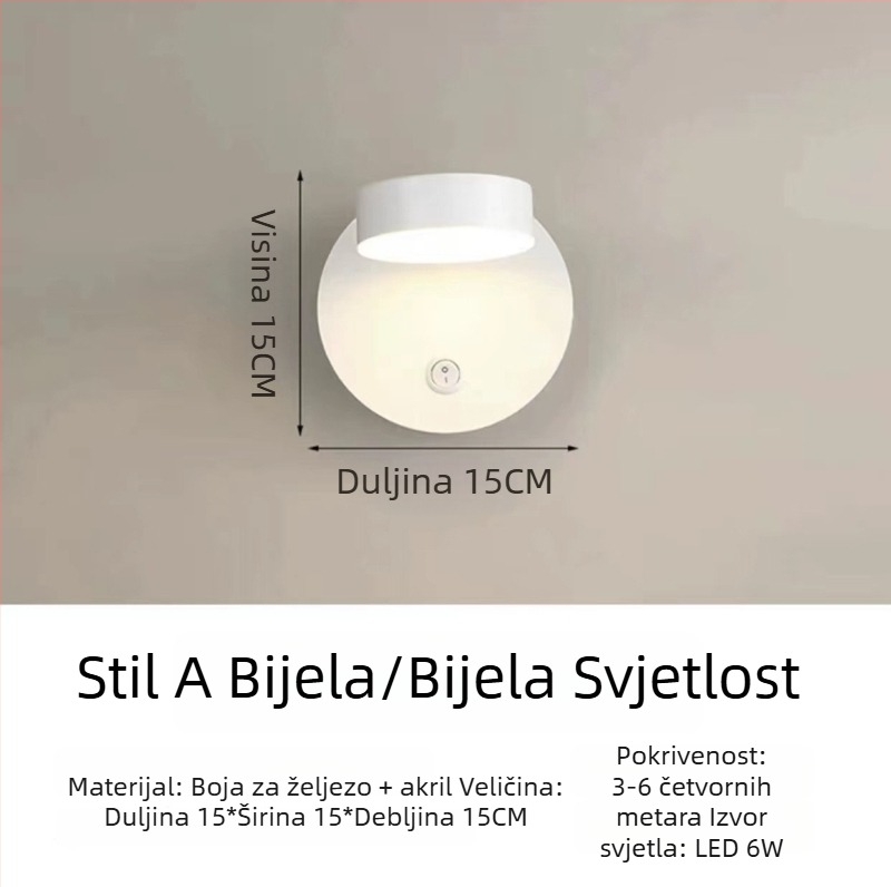 Rotirajuća zidna svjetiljka u skandinavskom stilu sa prekidačem, LED rasvjeta za spavaću sobu, hodnik i radnu sobu