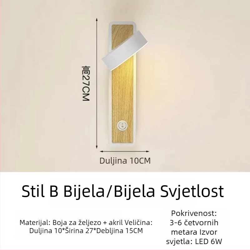 Rotirajuća zidna svjetiljka u skandinavskom stilu sa prekidačem, LED rasvjeta za spavaću sobu, hodnik i radnu sobu