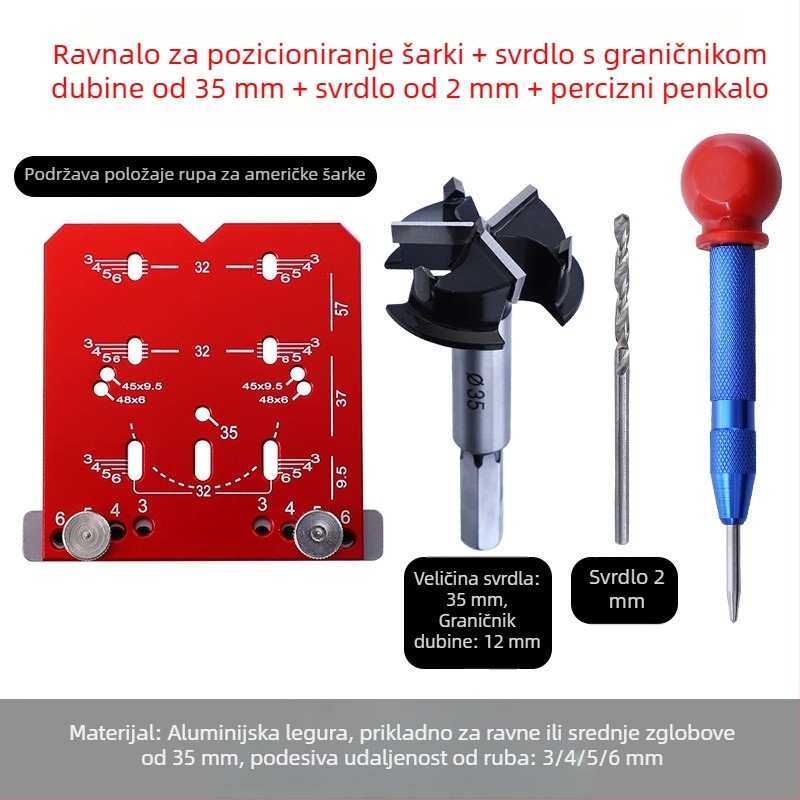Set alata za otvaranje rupa za šarke ormara, 35 mm, alat za pozicioniranje i bušilica za drvo