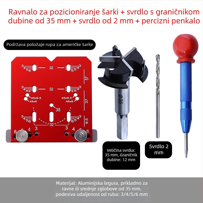 Set alata za otvaranje rupa za šarke ormara, 35 mm, alat za pozicioniranje i bušilica za drvo