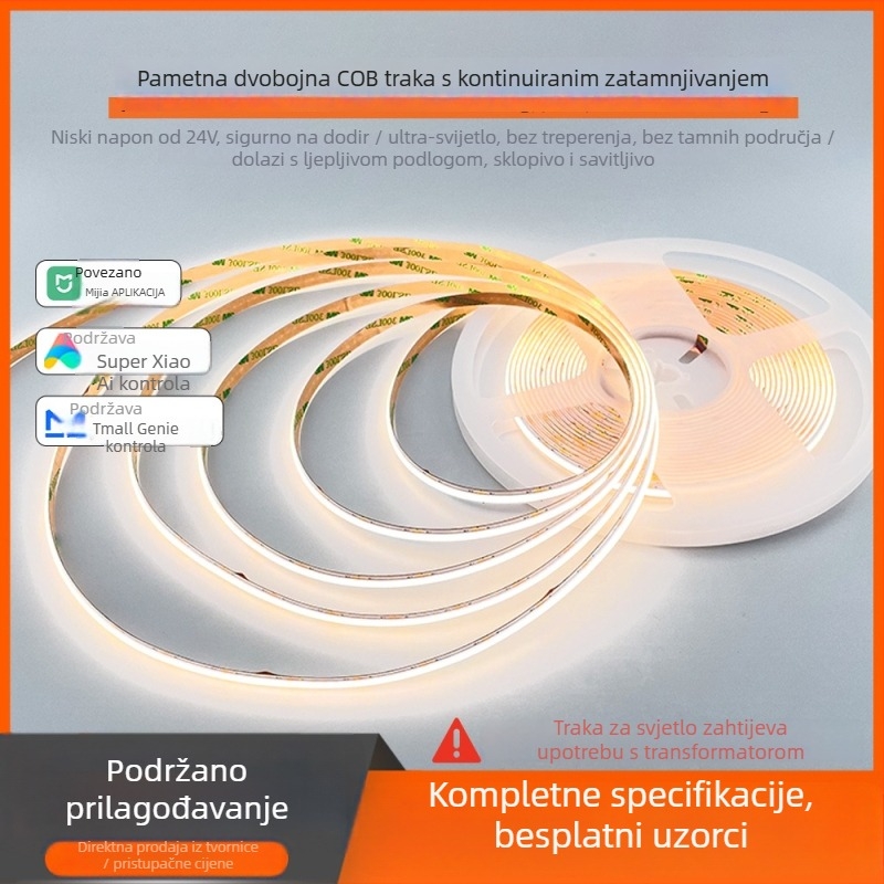 COB trobojna dimabilna LED traka s ljepilivim stražnjim dijelom, pametno upravljanje, kompatibilna s Mi Home za neprekidno podešavanje svjetline