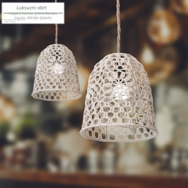Ručni pleteni abažur od pamučne užadi, boemski stil, kućna dekoracija, 22×22×24 cm, crno-bijela