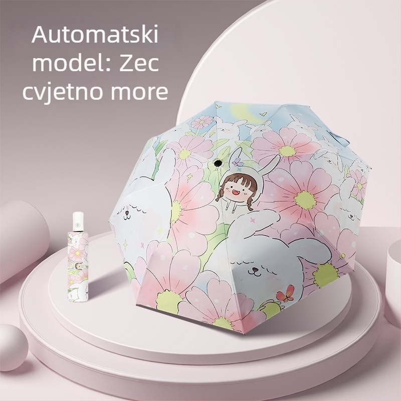 Potpuno automatski sklopivi kišobran s dizajnom crtića, tri-segmentni, UV zaštita, promjer 48–53 cm