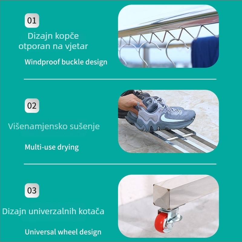 Stalak za sušenje odjeće od 304 nehrđajućeg čelika, podni, s kotačima, ojačani i otporan na vjetar za vanjski balkon