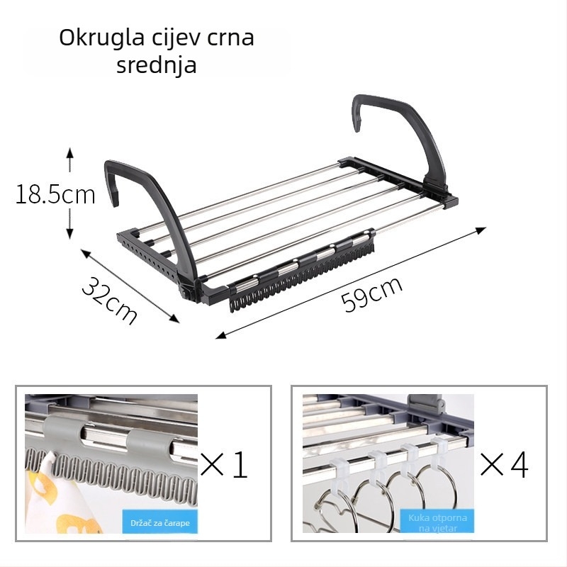 Stalak za sušenje cipela od nehrđajućeg čelika 304, podni, za unutarnji balkon, s mrežom protiv krađe, kukicama i spremištem