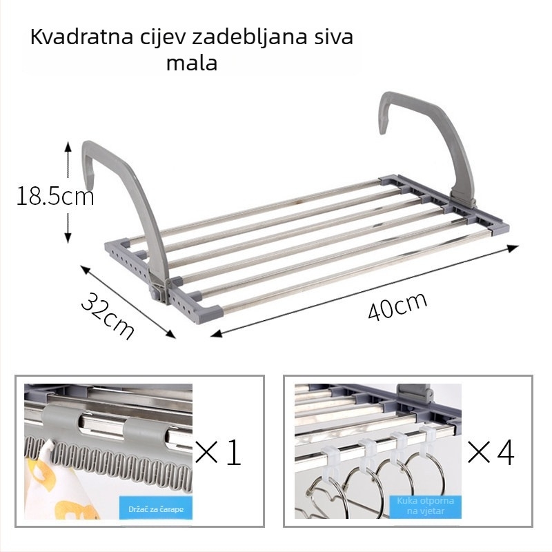 Stalak za sušenje cipela od nehrđajućeg čelika 304, podni, za unutarnji balkon, s mrežom protiv krađe, kukicama i spremištem
