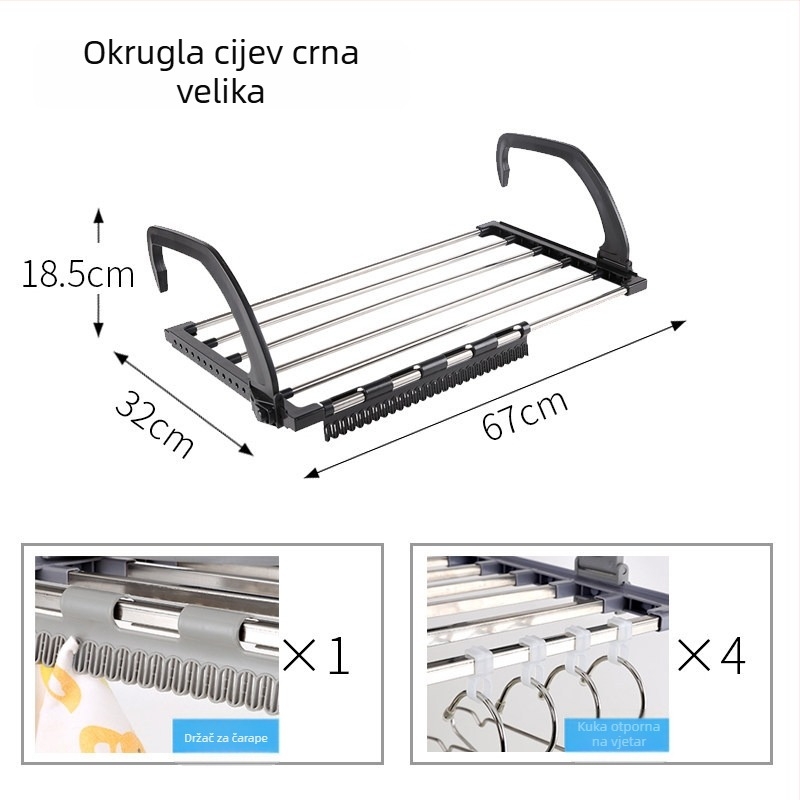 Stalak za sušenje cipela od nehrđajućeg čelika 304, podni, za unutarnji balkon, s mrežom protiv krađe, kukicama i spremištem