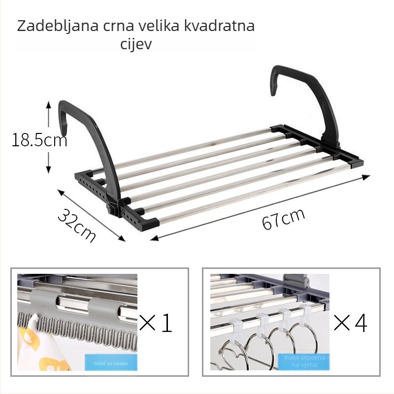 Stalak za sušenje cipela od nehrđajućeg čelika 304, podni, za unutarnji balkon, s mrežom protiv krađe, kukicama i spremištem