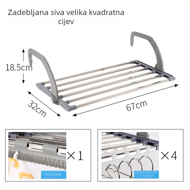 Stalak za sušenje cipela od nehrđajućeg čelika 304, podni, za unutarnji balkon, s mrežom protiv krađe, kukicama i spremištem