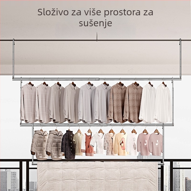 Stalak za sušenje rublja za kućni balkon, teleskopska šipka od nehrđajućeg čelika, podesiva visina, bez bušenja, za sušenje deka