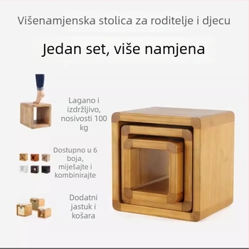 Kvadratna stolička od masivnog drveta za mijenjanje cipela, niski višenamjenski stol za dnevni boravak i spavaću sobu, mogućnost slaganja