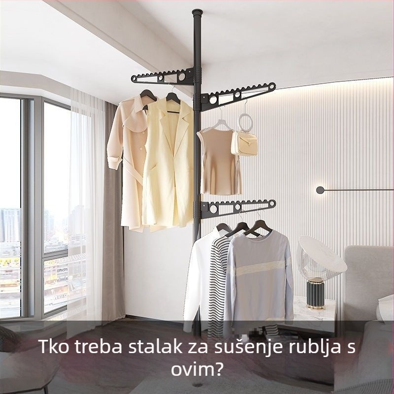 Stalak za sušenje od poda do stropa, ojačan, montiran na pod, podesiva visina, bez bušenja, sklopivi kućni stalak za odjeću
