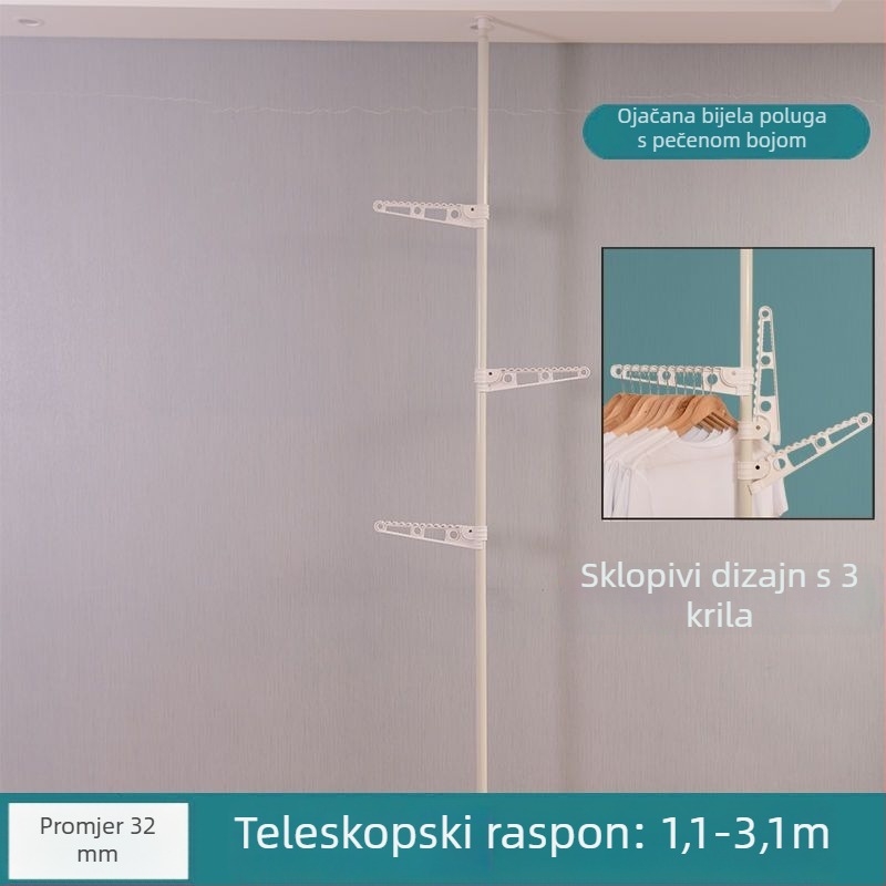 Stalak za sušenje od poda do stropa, ojačan, montiran na pod, podesiva visina, bez bušenja, sklopivi kućni stalak za odjeću