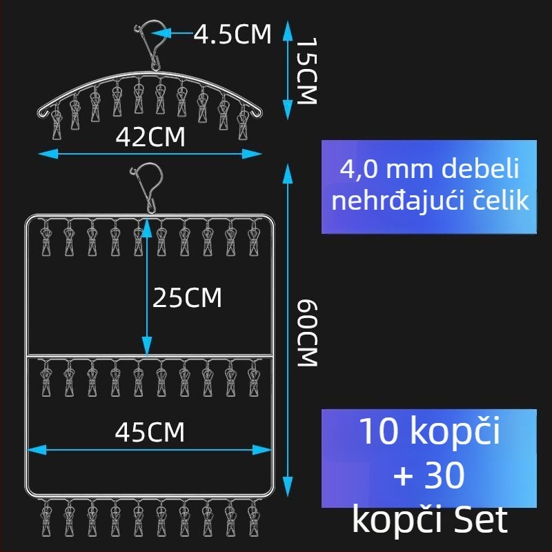 Nehrđajuća čelična vješalica za odjeću s višestrukim klipovima za čarape i donje rublje