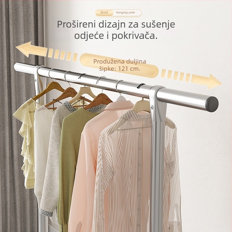 Stalak za sušenje od nehrđajućeg čelika, podni stojeći, za unutarnju upotrebu, balkon ili spavaću sobu, s jednom šipkom, prijenosan