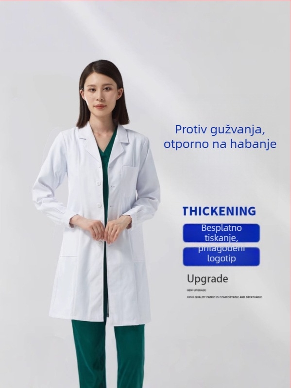 Unisex bijeli laboratorijski kaput za liječnike, medicinske sestre i osoblje u laboratoriju; pamuk-poliester smjesa; dugi ili kratki rukavi; srednja duljina.