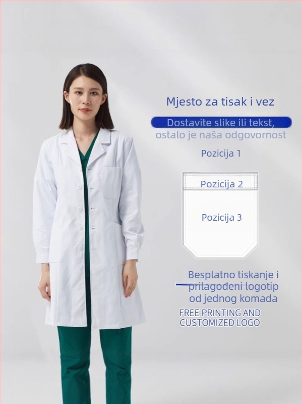Unisex bijeli laboratorijski kaput za liječnike, medicinske sestre i osoblje u laboratoriju; pamuk-poliester smjesa; dugi ili kratki rukavi; srednja duljina.