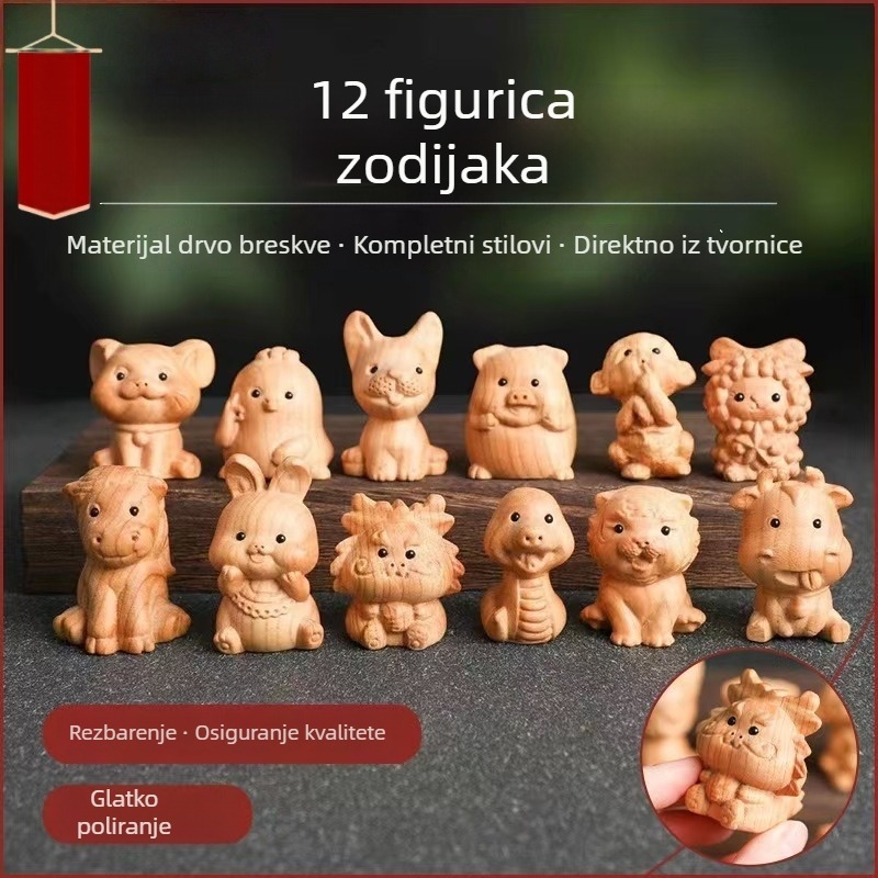 Drvene skulpture od drveta breskve – Dvanaest znakova zodijaka, ukrasi za stol i dom