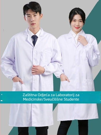 Unisex bijeli laboratorijski kaput – kemijska zaštita radne odjeće, materijal od pamuka-poliestera, upijanje vlage, duge rukave, V-izrez, proljeće 2025