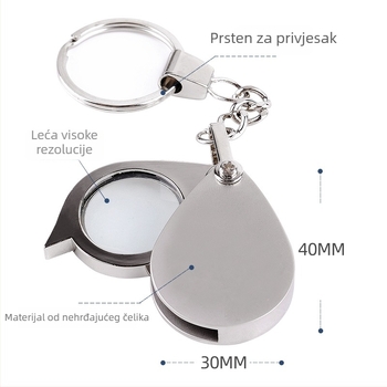 Mini sklopiva lupa na metalnom privjesku s visokim povećanjem, za čitanje knjiga i novina.
