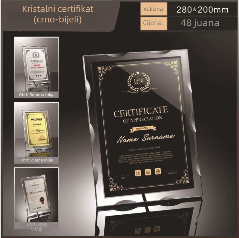 Kristalni trofej s graviranom plaketom – bijelo kristalno priznanje, prilagodljiv poklon