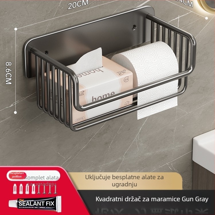 Zidni držač toaletnog papira bez bušenja, crna aluminijska legura, kvadratni dizajn