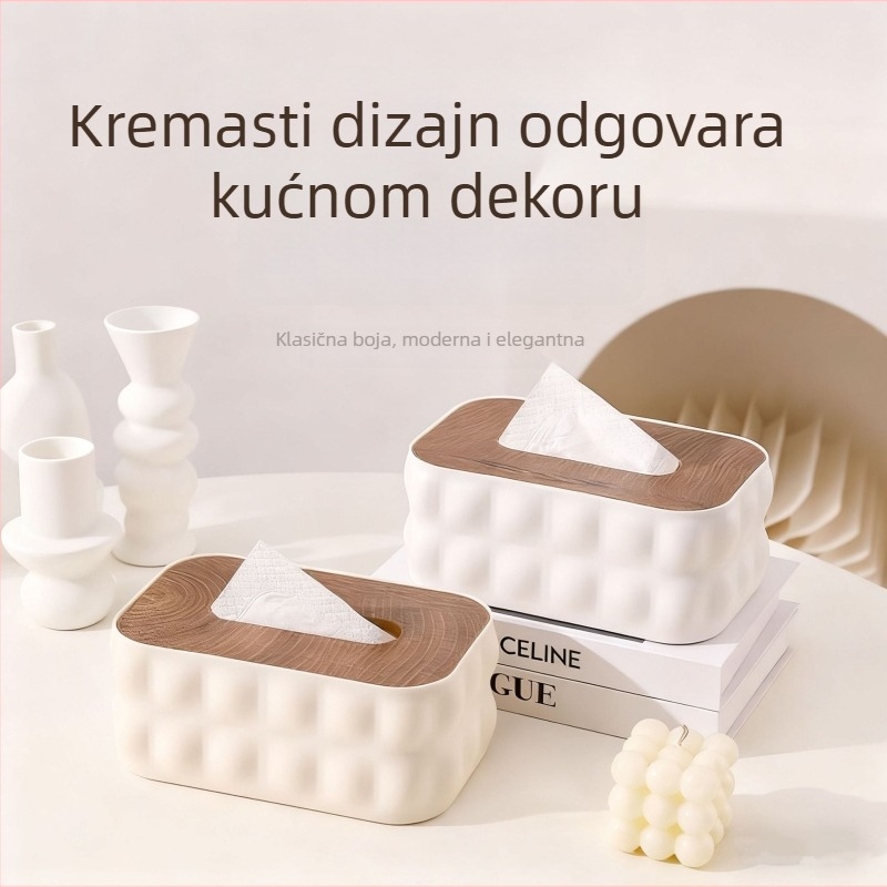 Plastična kutija za salvete s drvenim poklopcem, bijela, elegantan dizajn, višestruka namjena za kuhinju, dnevni boravak i kupaonu