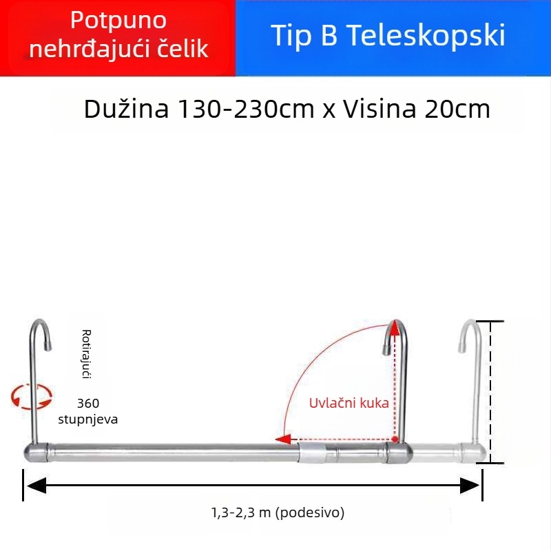 Teleskopska balkonska šipka za sušenje odjeće, nevidljiva, izvučna, sklopiva, za deke i odjeću