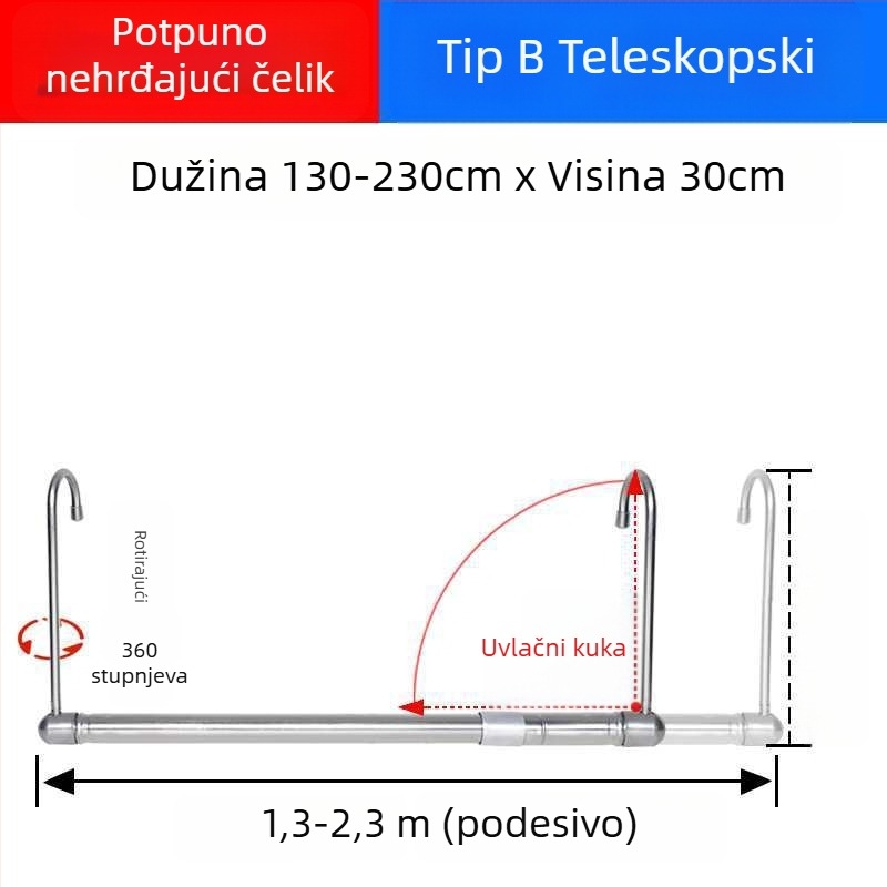Teleskopska balkonska šipka za sušenje odjeće, nevidljiva, izvučna, sklopiva, za deke i odjeću