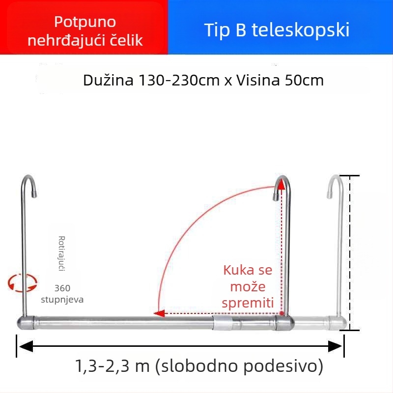 Teleskopska balkonska šipka za sušenje odjeće, nevidljiva, izvučna, sklopiva, za deke i odjeću