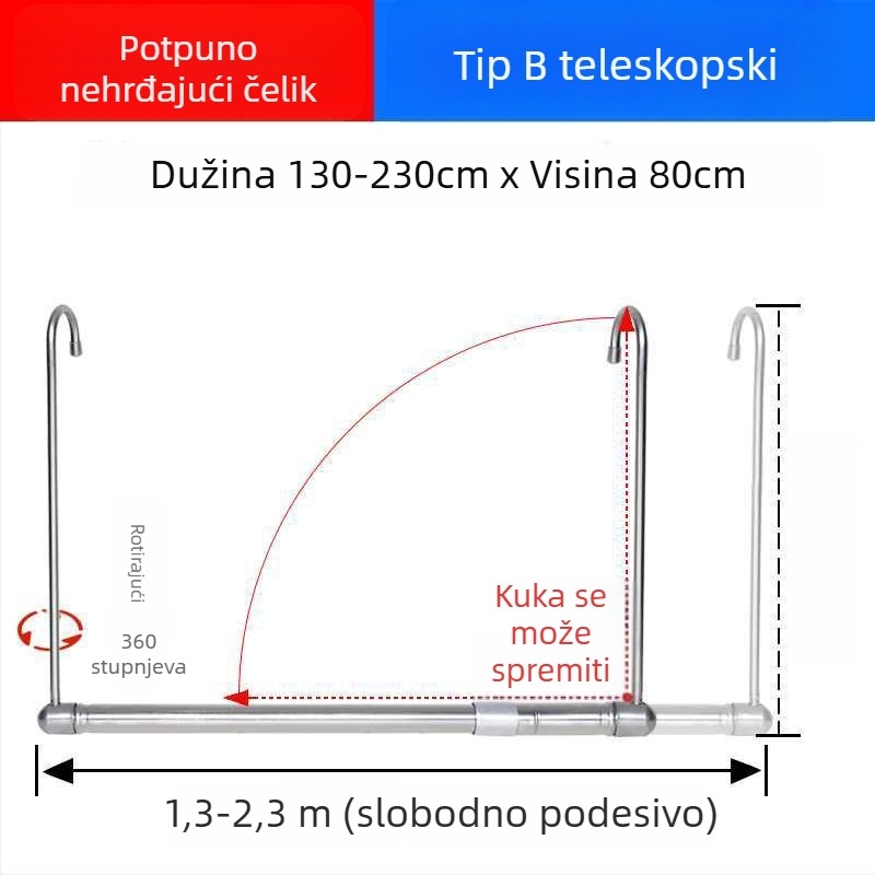 Teleskopska balkonska šipka za sušenje odjeće, nevidljiva, izvučna, sklopiva, za deke i odjeću