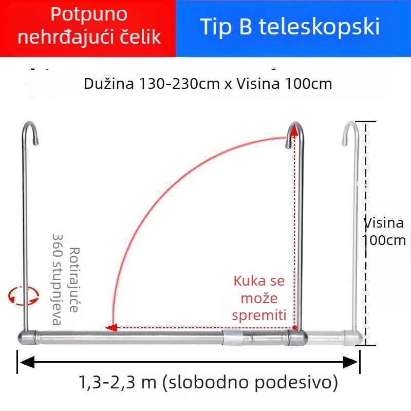 Teleskopska balkonska šipka za sušenje odjeće, nevidljiva, izvučna, sklopiva, za deke i odjeću
