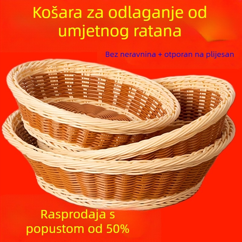 Mali nordijski koš s dvostrukim ručkama, pleteni koš za kruh i voće, imitacija ratana, bambusni pladanj