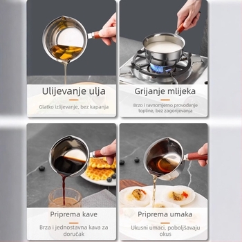Nehrđajući čelični lonac za rasipanje ulja s dugim drvenim držajem, titanovom završnom obradom i debelom žličicom
