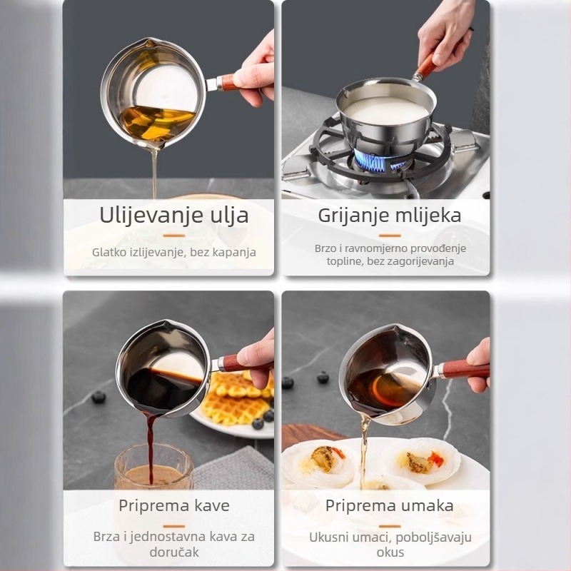 Nehrđajući čelični lonac za rasipanje ulja s dugim drvenim držajem, titanovom završnom obradom i debelom žličicom