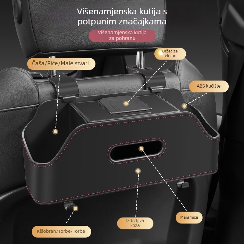 Organizator stražnje sjedalice automobila sa višestrukim pretincima, pretincom za maramice i držačem čaša