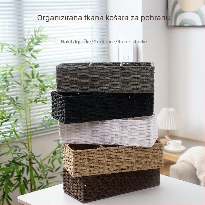 Japanskog stila minimalistička stolna košara za pohranu s tri odjeljka, pletena od papirnatog užeta, za grickalice i sitnice